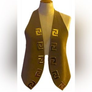 Vintage Genuine Leather-Suede taupe vest. Gold-tone Greek-Key embellishments.